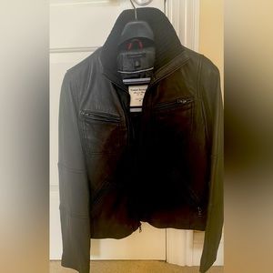 Black Leather Jacket with knitted collar